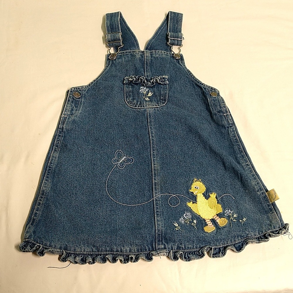 Vtg Sesame Street Big Bird Denim Overall Dress Girls 5T Blue Ruffle Embroidered